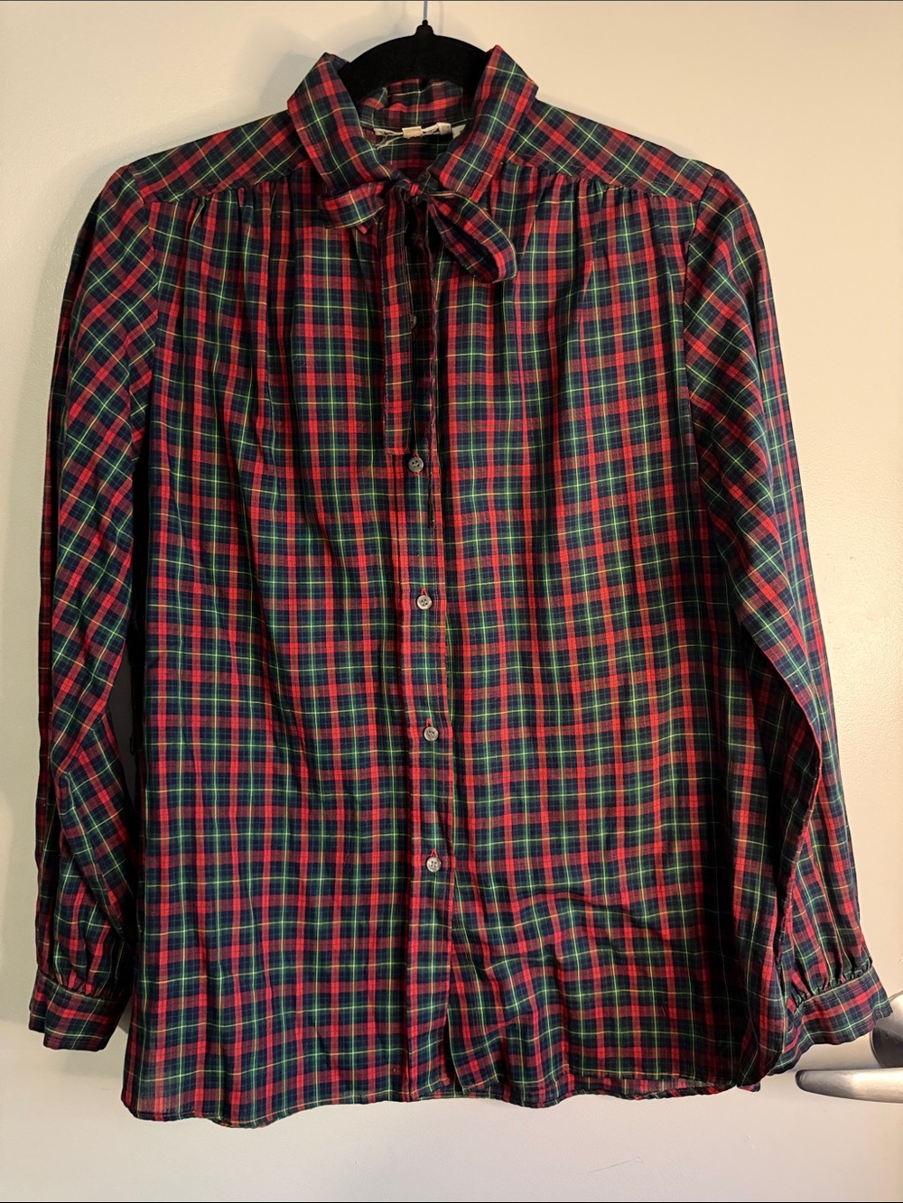 Vintage Evan Picone Red and Green Plaid Button-Down Shirt with Neck Tie Sz 10